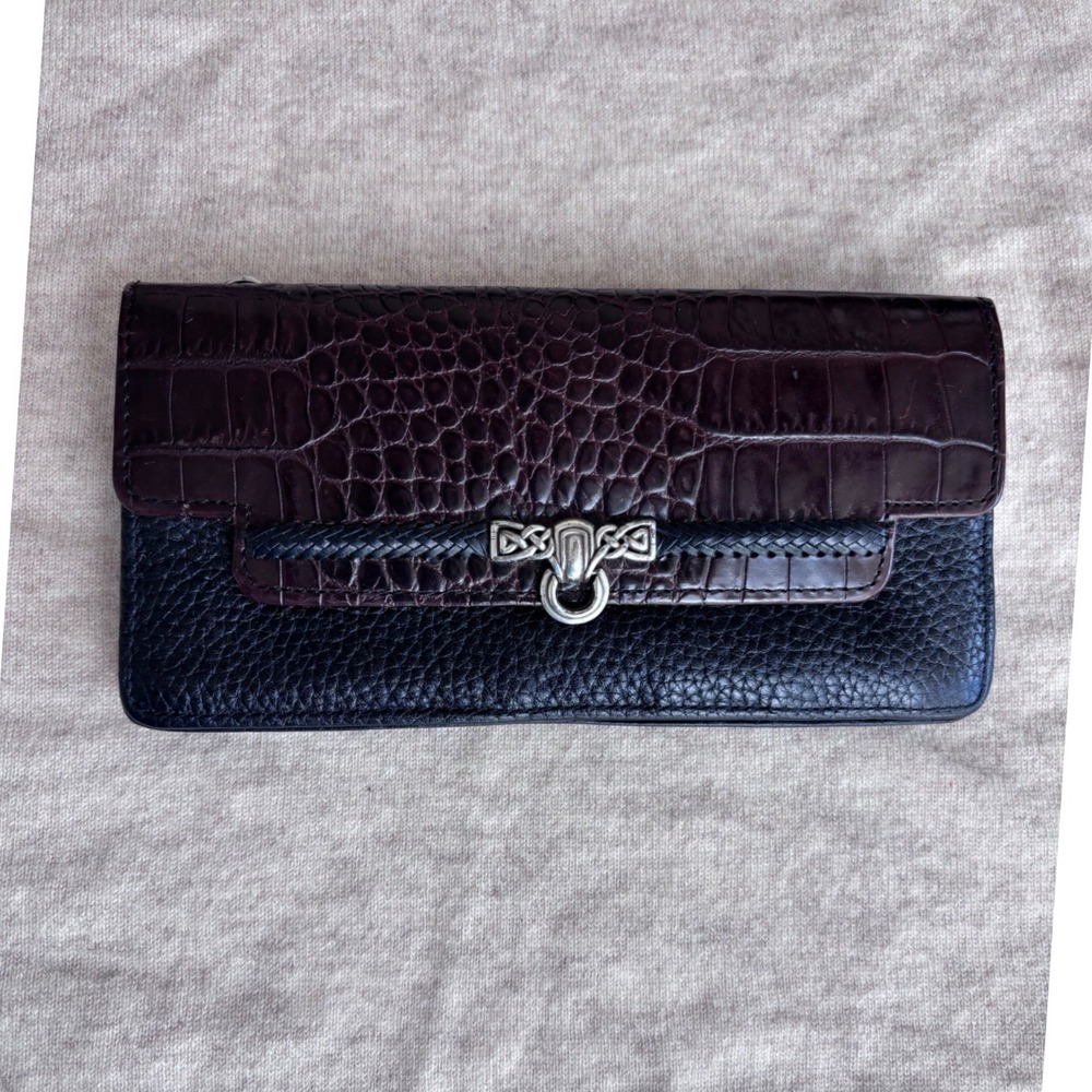 Brighton Black Pebbled & Croc Embossed Leather Long Wallet Celtic Knot Silver